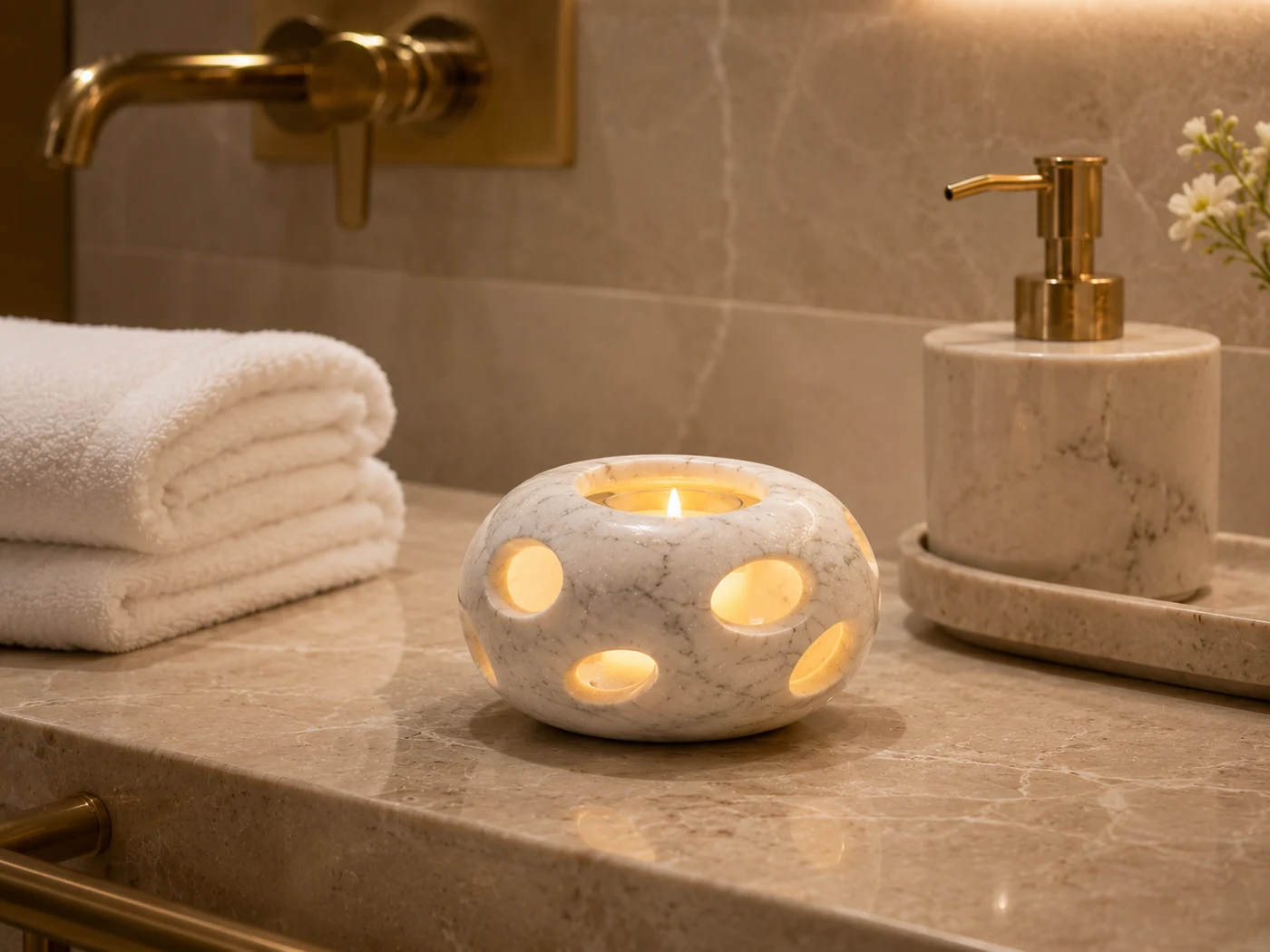LITHORA stone candle vessel styled on a luxury hotel bathroom vanity