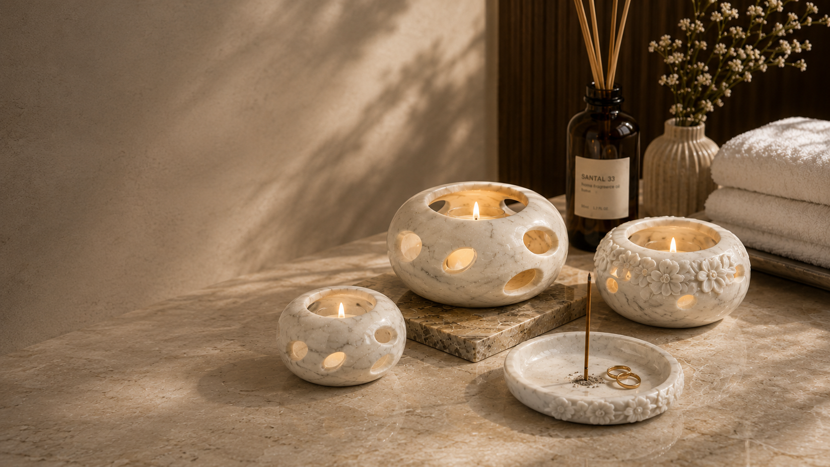 Snow White Signature Series natural stone objects arranged as a complete LITHORA family
