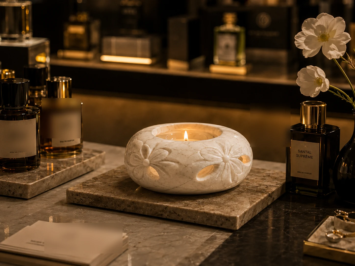 Natural stone candle vessel and countertop display surface for custom stone object development