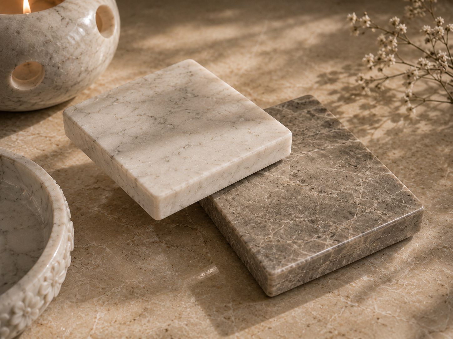 White and grey natural stone material detail samples for Lithora customization