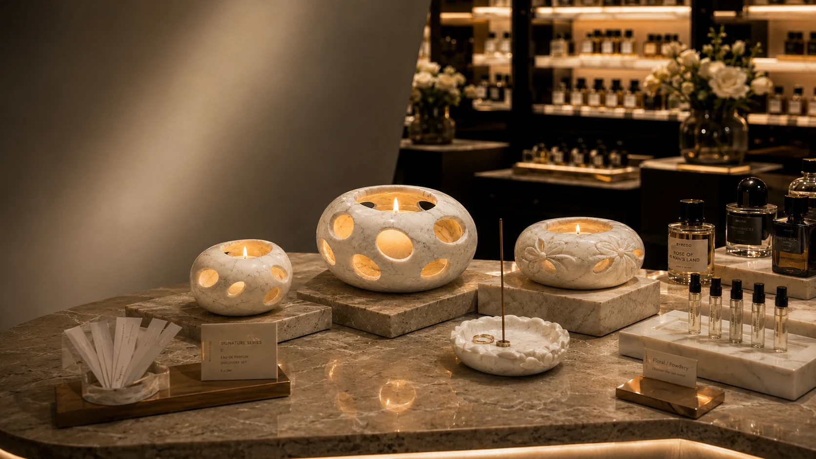 Stone display surfaces for fragrance retail.