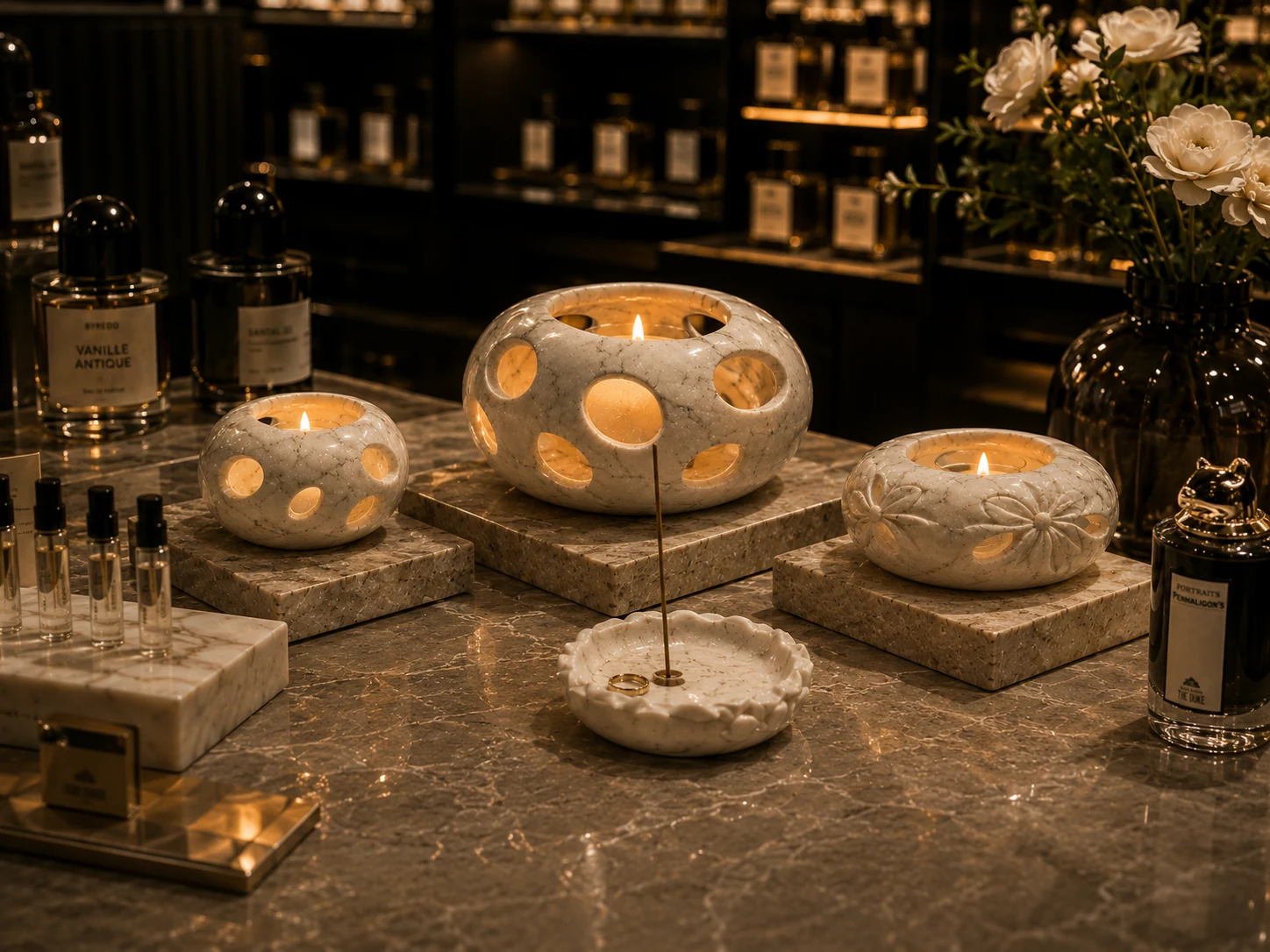 Stone display surfaces for fragrance retail. scene 1