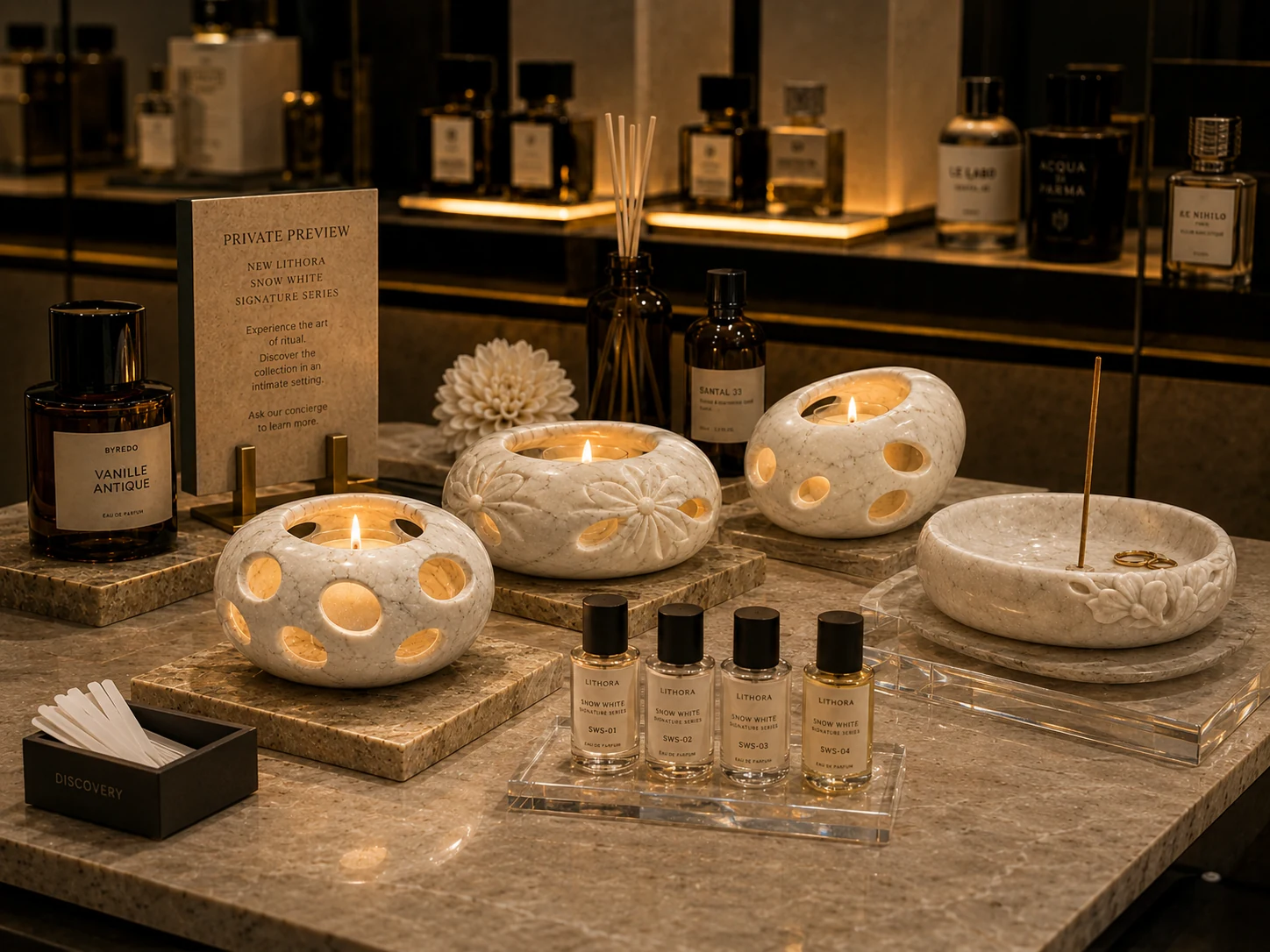 Stone display surfaces for fragrance retail. scene 2