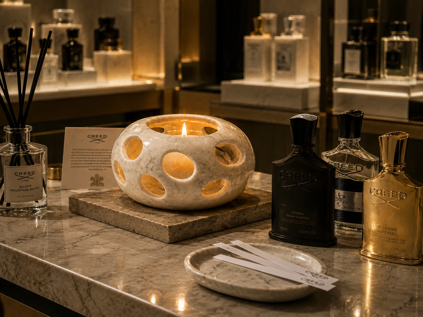 Stone display surfaces for fragrance retail. scene 4