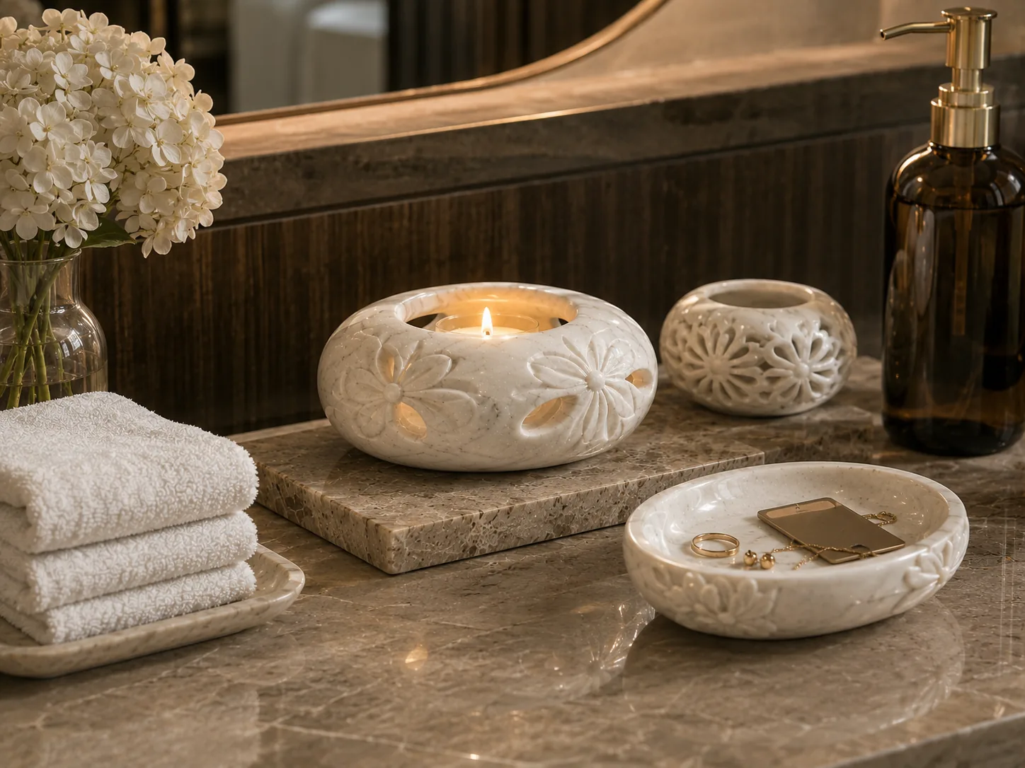 Stone objects for hotel bathroom details.