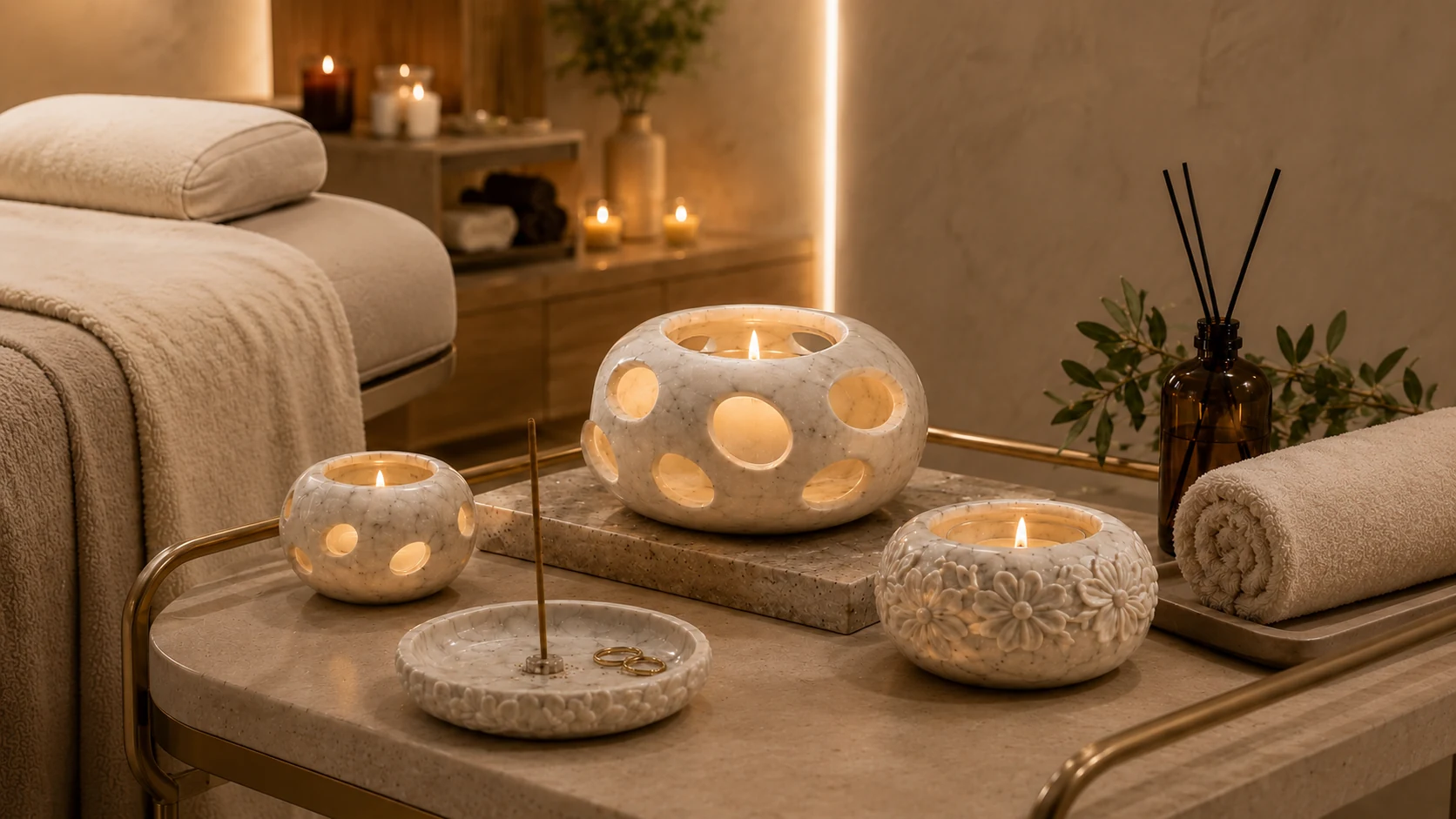 Stone objects for hotel spa and wellness spaces.