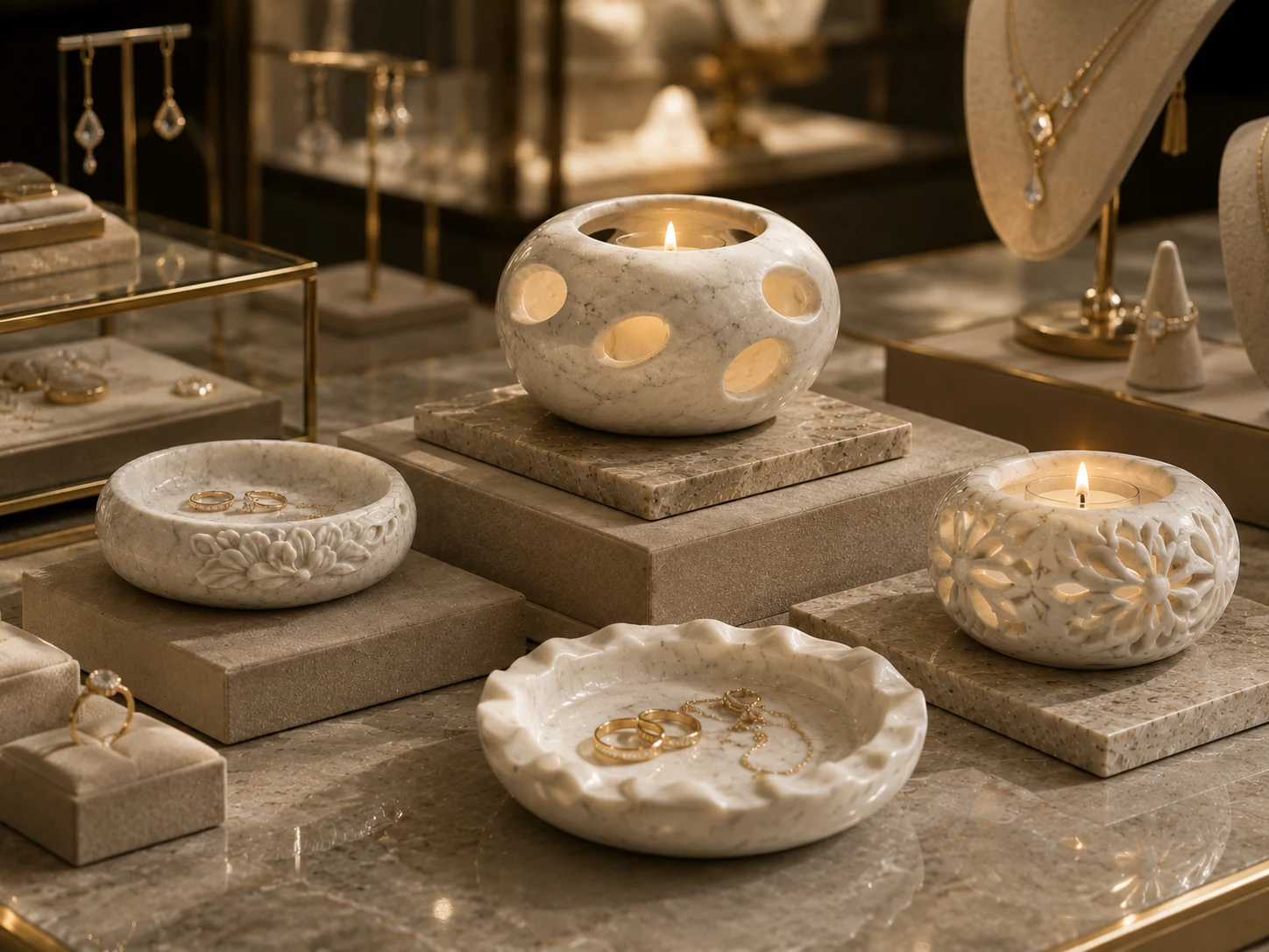 Natural stone trays for jewelry boutique presentation.