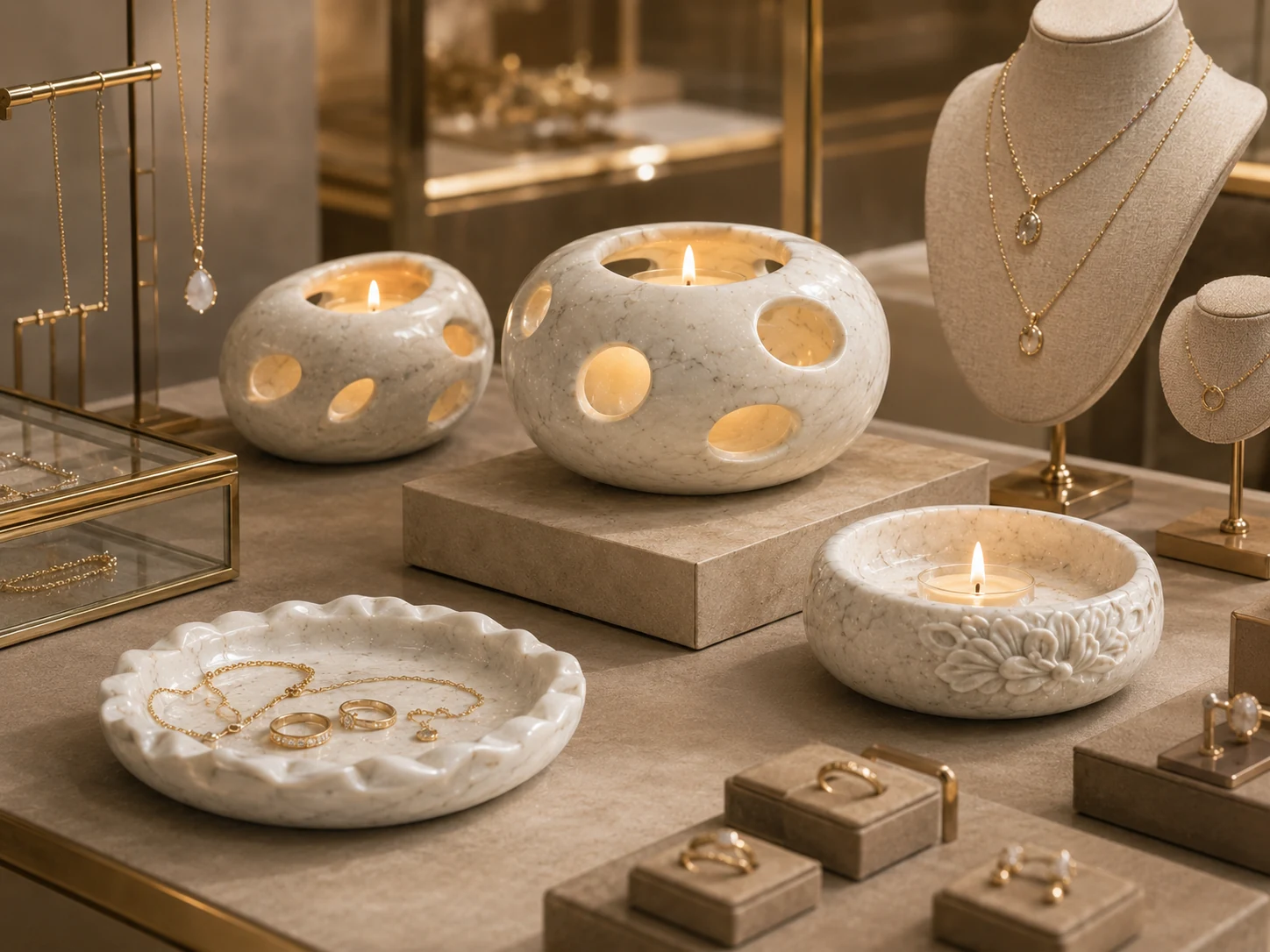 Natural stone trays for jewelry boutique presentation. scene 1
