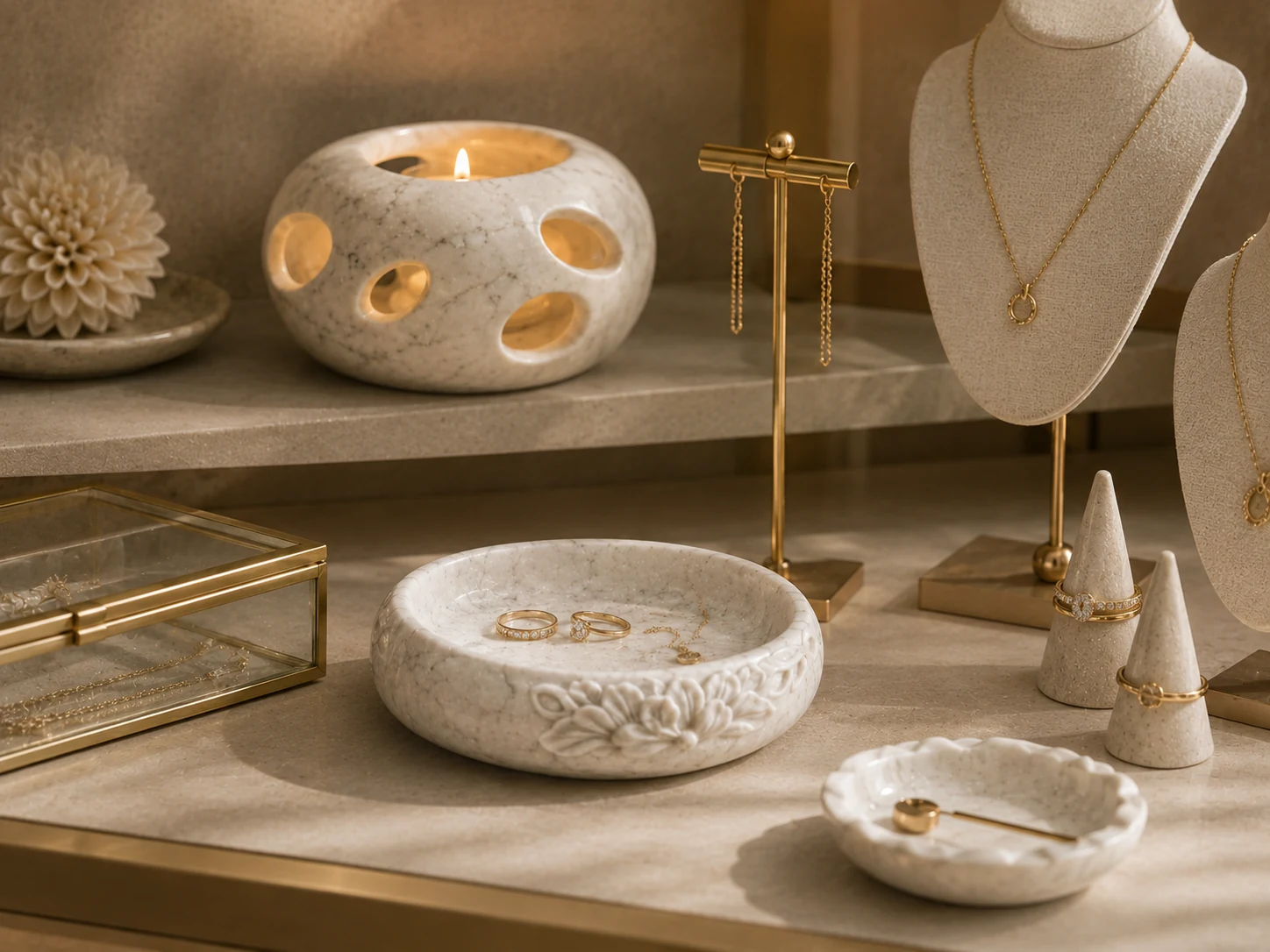 Natural stone trays for jewelry boutique presentation. scene 2