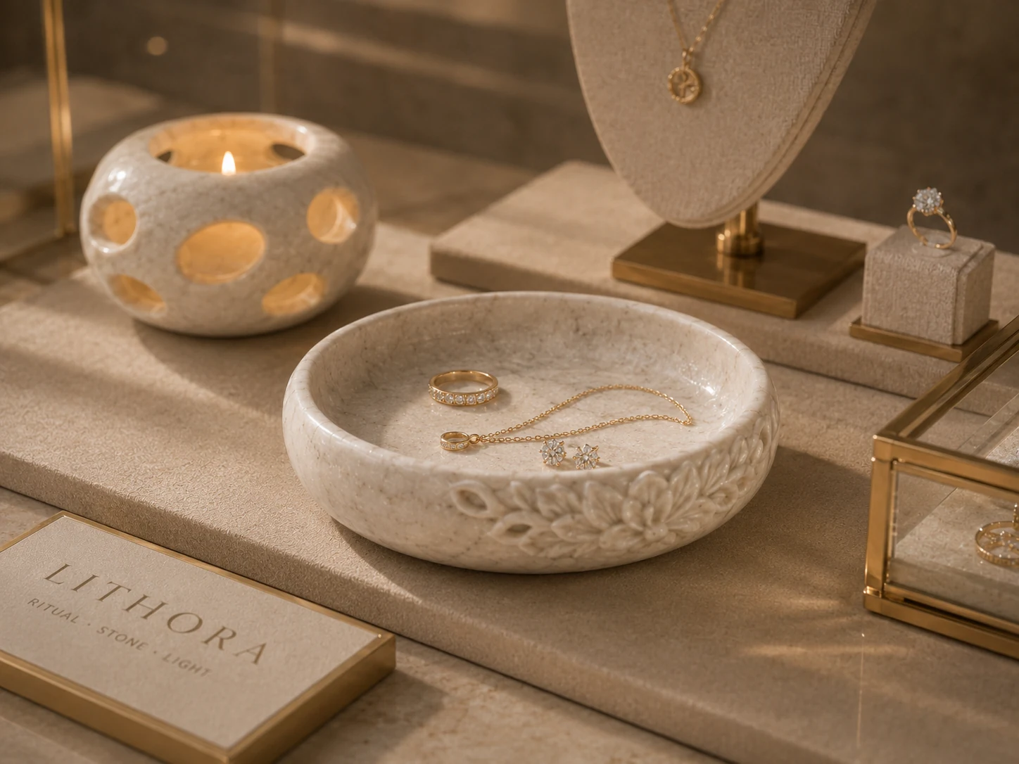 Natural stone trays for jewelry boutique presentation. scene 3