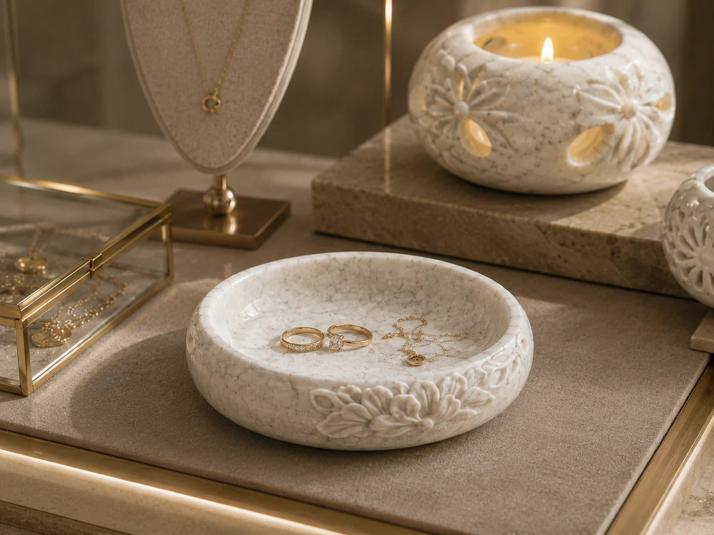 Natural stone trays for jewelry boutique presentation. scene 4
