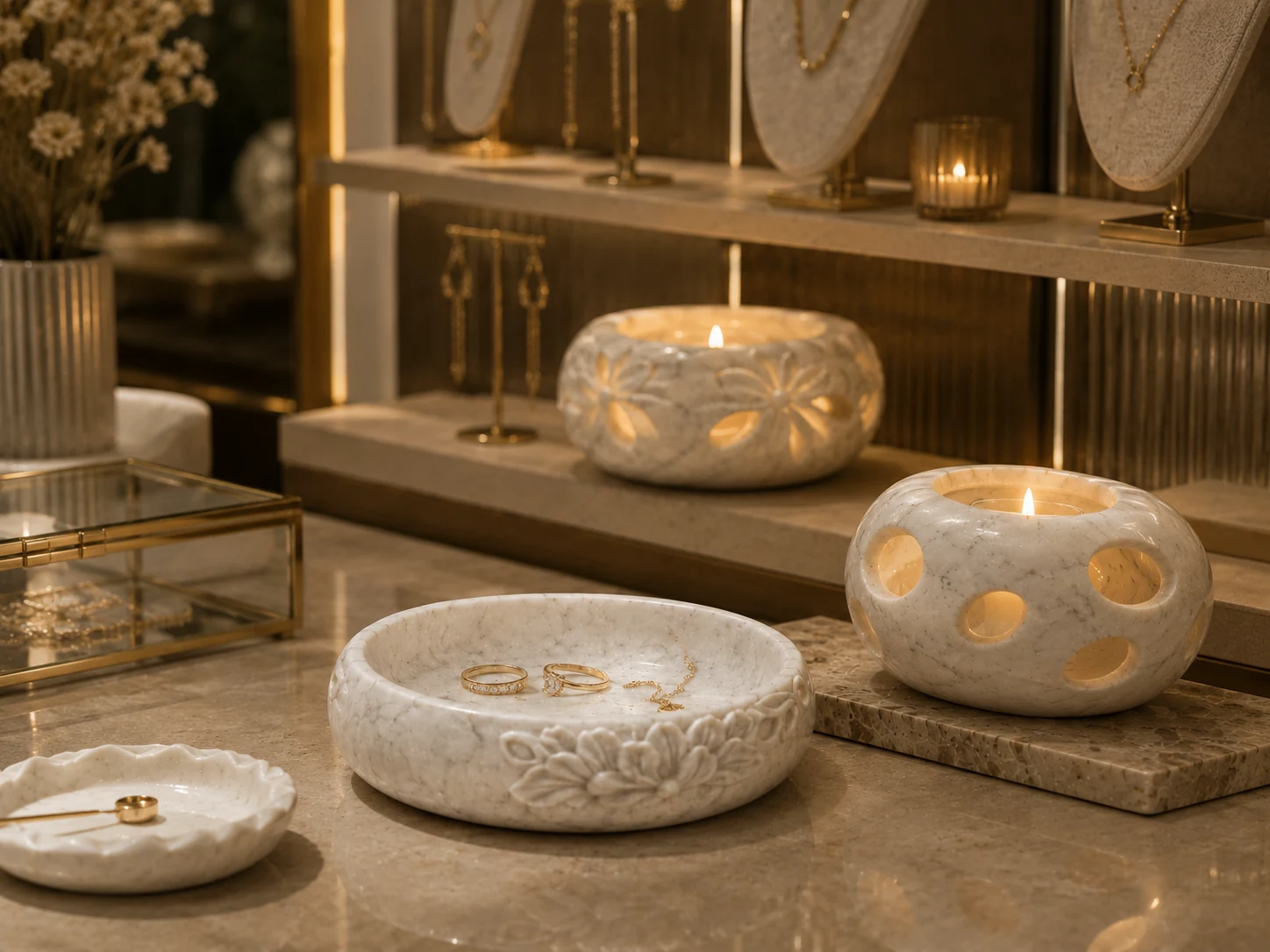 Natural stone trays for jewelry boutique presentation. scene 5