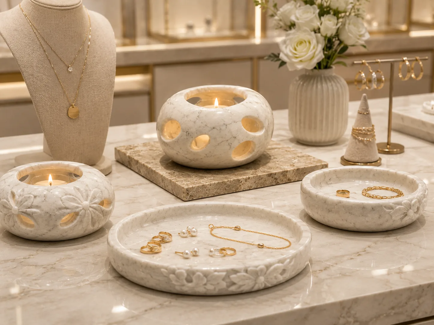 Natural stone trays for jewelry boutique presentation. scene 6