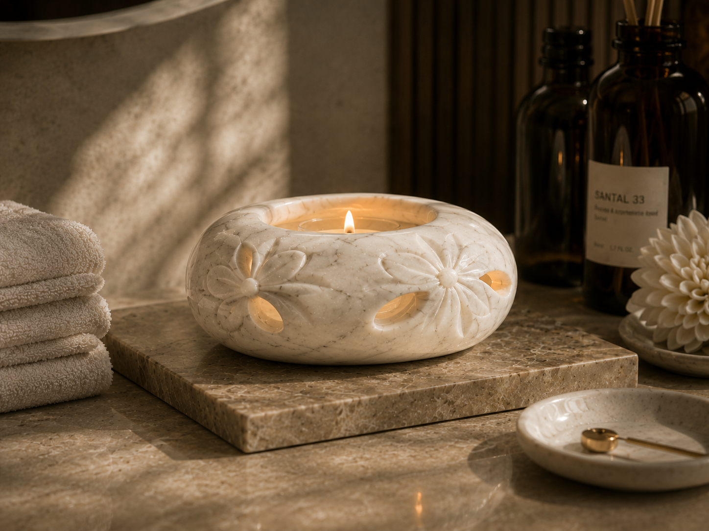 SWS-03 bloom relief white stone candle vessel