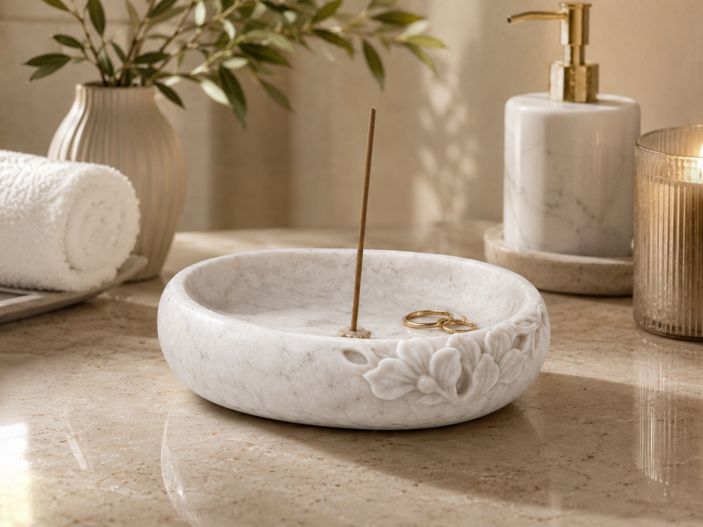 SWS-04 petal catchall incense dish in white stone